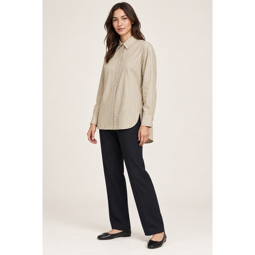 Banana Republic Women Striped Button Down Shirt Small Tan Cotton Professional